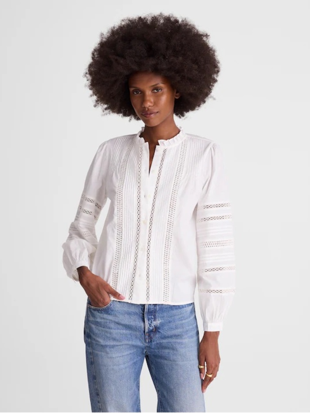 Lace-Insert High-Neck Pintuck Top NWT